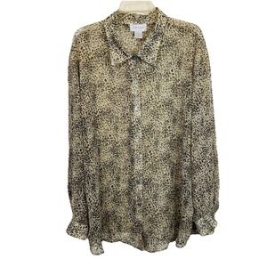 Jordan Woman Top Animal Print Sheer 3X‎ Button Brown Blouse Long Sleeves Collar